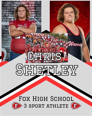 Chris Shetley in his red football jersey posing with arms crossed, in a football group photo, and in his wrestling uniform.